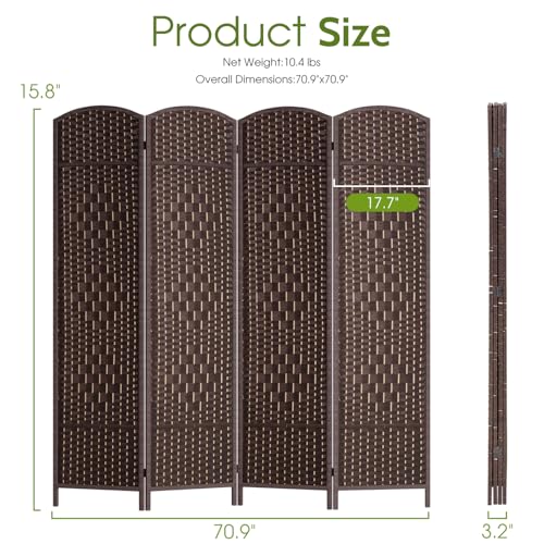 6ft 4-Panel Folding Room Divider, Hand-Woven Brown Privacy Screen