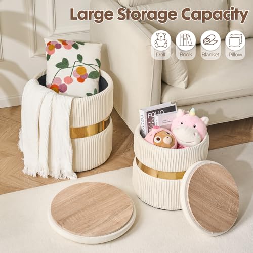 Set of 2 Round Velvet Storage Ottomans with Removable Lids, White