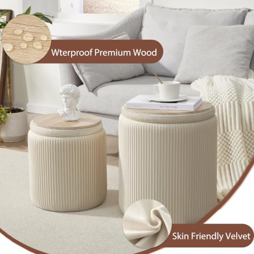 Royal Windsor Velvet Beige Round Storage Ottoman Set of 2 - Vanity & Footrest
