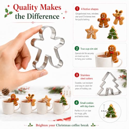 Crethinkaty 4 Pcs Christmas Stainless Steel Mug Rim Cookie Cutters – Edges Over the Edge Cup Moulds, Gingerbread Elk Tree Star
