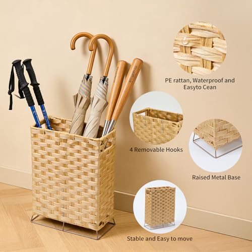 Handwoven Rattan Umbrella Stand with Drip Tray and Hooks