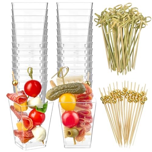 Zezzxu 150 Pcs 5 oz Plastic Charcuterie Cups with Sticks Set for Parties, Serves 50