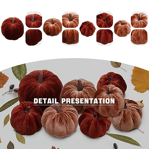 8-Piece Artificial Velvet Pumpkin Set, Brown & Champagne Fabric Fall Decor