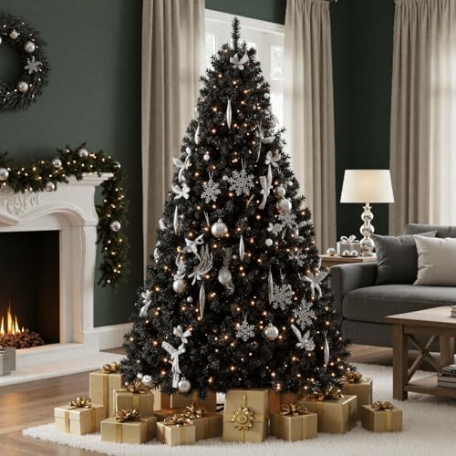 6ft Prelit Black Artificial Christmas Tree with 300 Warm Lights & Metal Stand