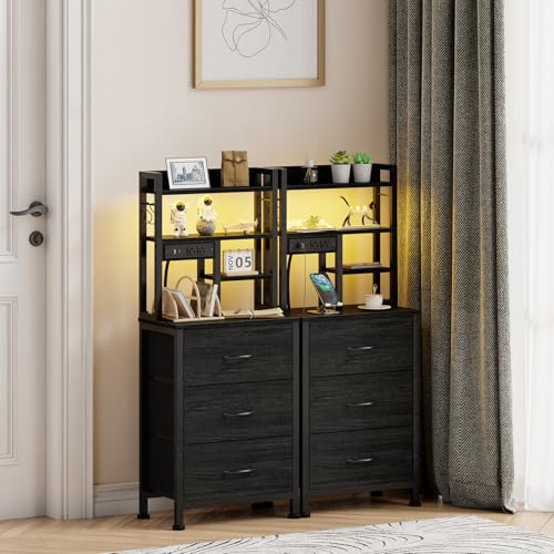 Tall Nightstand with Charging Station, 3 Drawers, Shelves & LED Lights