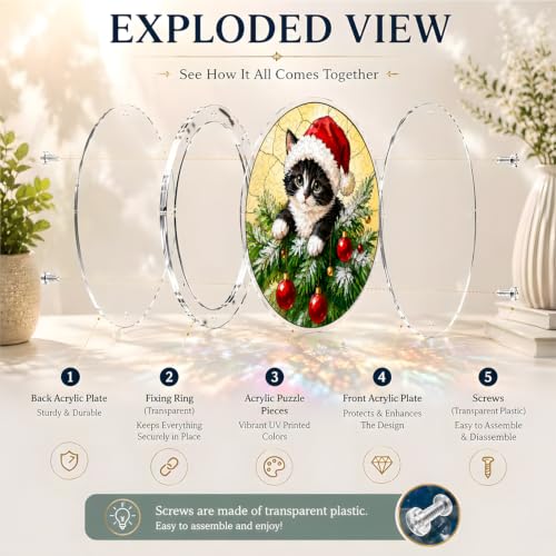 Santa Hat Cat Acrylic Christmas Puzzle Suncatcher Window Hanging Decor - HMGAWB