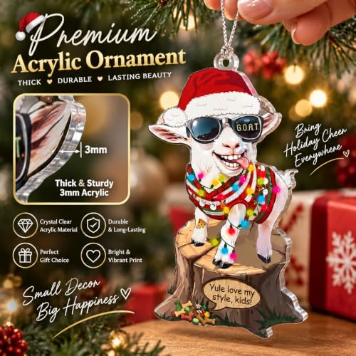 NELXI Funny Goat Christmas Ornament 2026 - Unique Acrylic Hanging Decor, Santa Hat, Festive Sweater, Farmhouse Style, Gift for Goat Lovers, 3.3