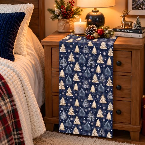 OHOME Navy Blue Xmas Tree Snowflake Winter Table Runner - Christmas Decorations, 73x13 inches, Festive Table Decor