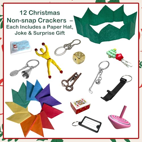 12-Pack Non-Snap Christmas Crackers with Hat Joke & Surprise Gifts - Holiday Party Favors
