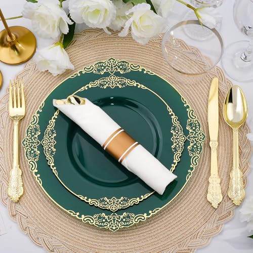 Realluck 350-Piece Green and Gold Disposable Dinnerware Set for 50 Guests - Elegant Tableware for Parties and Events