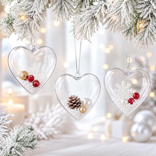 Set of 3 Clear Plastic Heart Christmas Ornaments 3.05 Inches - Shatterproof Holiday Decor