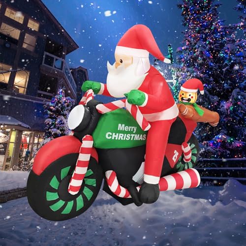 6ft Christmas Inflatable Santa on Motorcycle with Gingerbread Man Lighted Outdoor Decoration