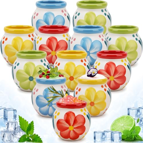 Gejoy 12 Pcs Bloom Mexican Cantaritos De Barro 3oz Clay Shot Cups for Tequila & Cocktails