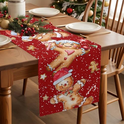 Christmas Gingerbread Man Table Runner 13x36 Inch Holiday Decor for Dining & Party