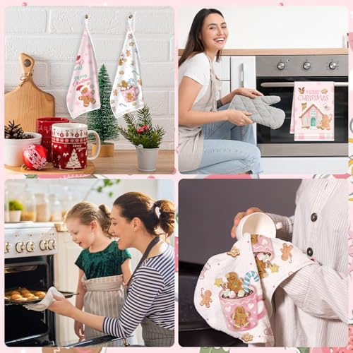 Gingerbread Pink Christmas Kitchen Towels Set of 6 - Holiday Housewarming Gift