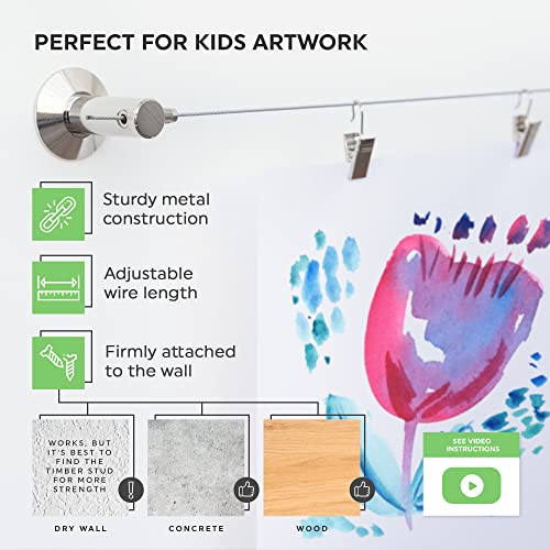 Kids Artwork Wall Display - 10ft Steel Cable with 48 Hanging Clips
