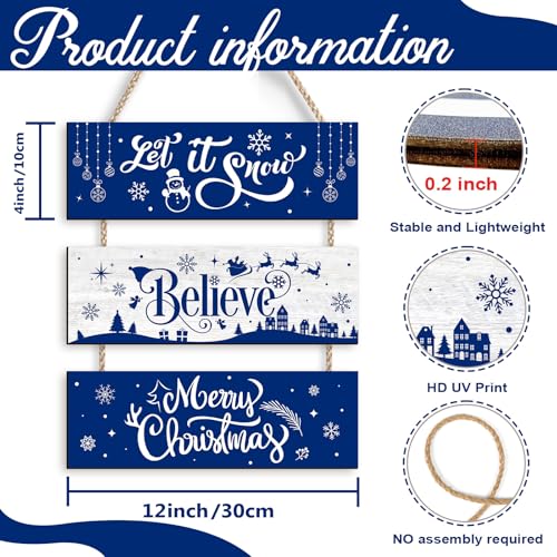Blue Christmas Wall Hanging Decor Rustic Wooden Ornaments Set - Let It Snow, Merry Christmas, Happy Holidays Sign