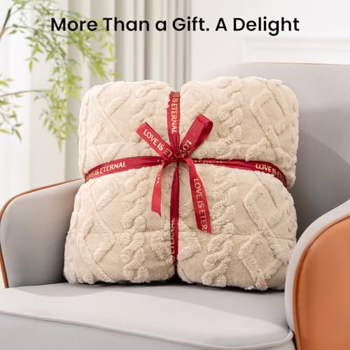 15lb Queen Size Weighted Blanket - Soft Jacquard Sherpa Beige Throw