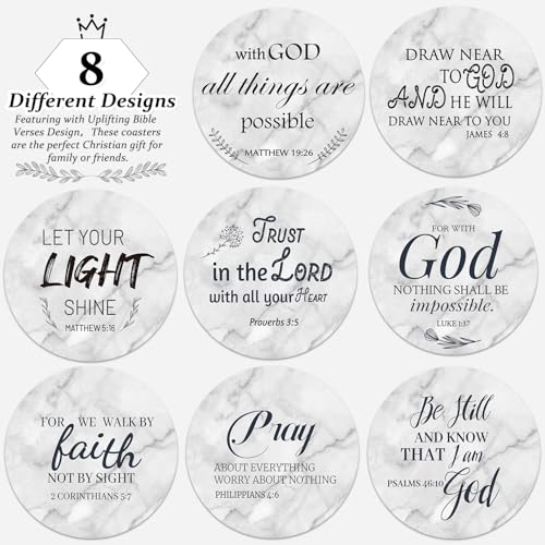 Billbotk 4-Inch Ceramic Coasters with Bible Verses Set of 8 & Holder, Absorbent Drink Coasters for Home & Christian Gifts
