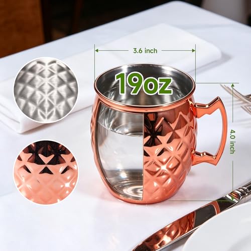 NaOHshp 19oz Copper Moscow Mule Mug with Rhombic Pattern, Stainless Steel Lining, Dishwasher Safe - Single Copper Cup