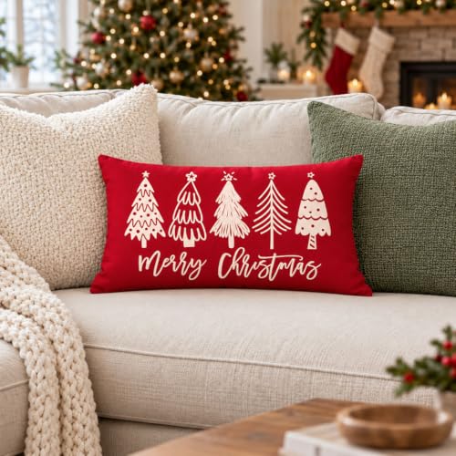HERHOME Christmas Pillow Covers 12x20 Red Merry Christmas Tree Decor (Pack of 1) 20" x 12"