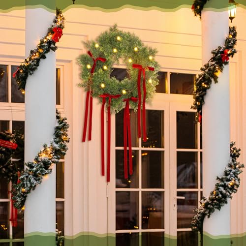 6 ft Christmas Garland with Lights - Battery Operated Pine Wreath with Bow