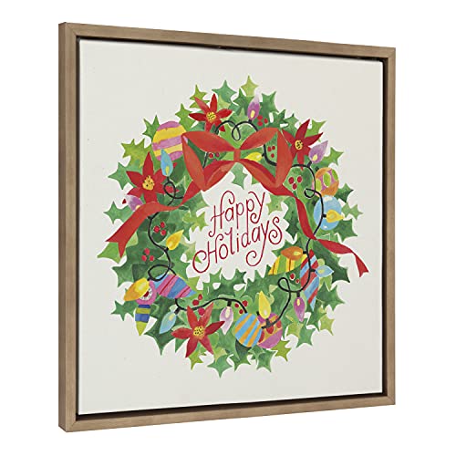 Kate and Laurel Xmas Wreath Holiday Wall Art 22x22 Linen Canvas Framed Decor