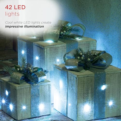 Alpine 3-Piece Wooden Gift Box Christmas Decor with LED Lights - Silver Ribbon