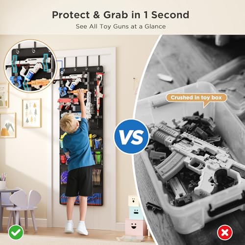 Over the Door Toy Gun Organizer with Pockets and Straps for Kids Rooms