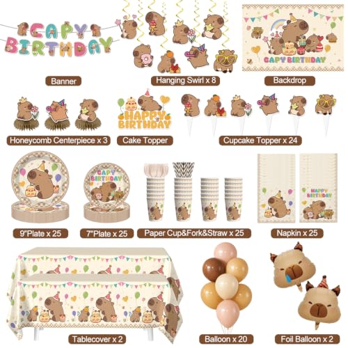 Capybara Birthday Party Decorations Set, Disposable Tableware for 25 Guests
