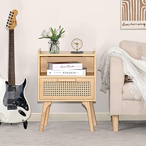 Rattan Nightstand with Drawer and Open Shelf, Boho Wood Side Table