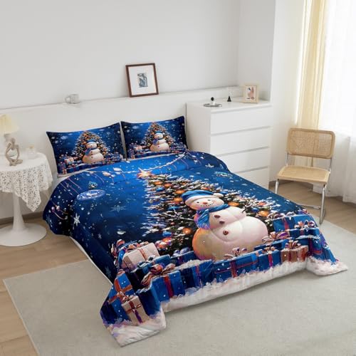 Feelyou Christmas Tree Snowman Snowflake Queen Comforter Set Blue Green White Kids Bedding