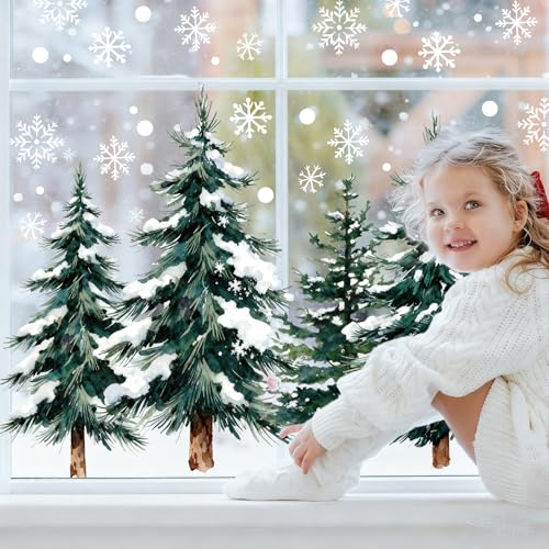 Pseutio 124 Pcs Large Christmas Window Clings - 4 Sheets Snowflake Tree Decor (Variation: Christmas Trees)