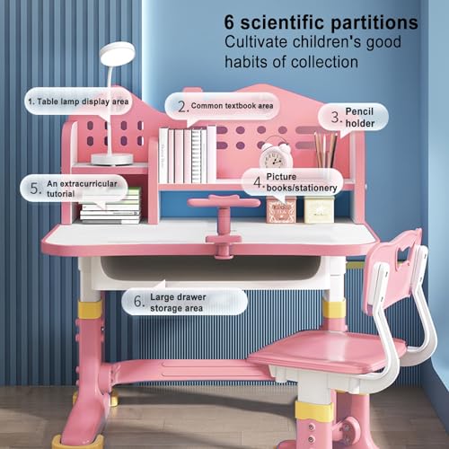 Height Adjustable Kids Study Desk and Chair Set with Storage Drawer - Pink