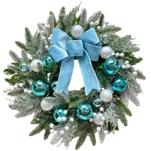 22-Inch Lighted Christmas Wreath with Timer, Blue Bow & Ornaments