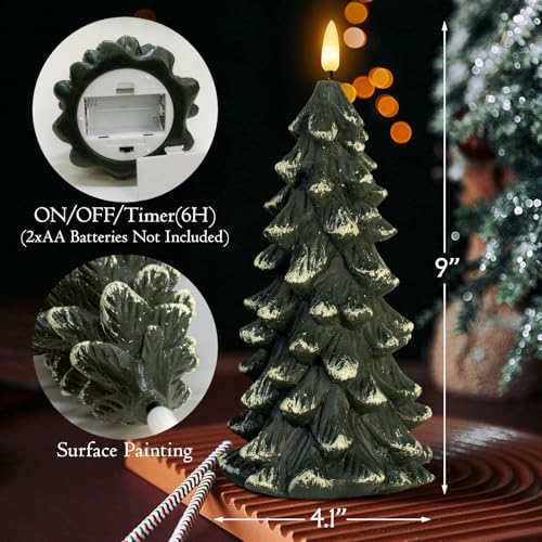 Yongmao 2-Pack Christmas Tree Shaped Flameless Candles with 6H Timer, Green Real Wax Battery-Operated LED Candles