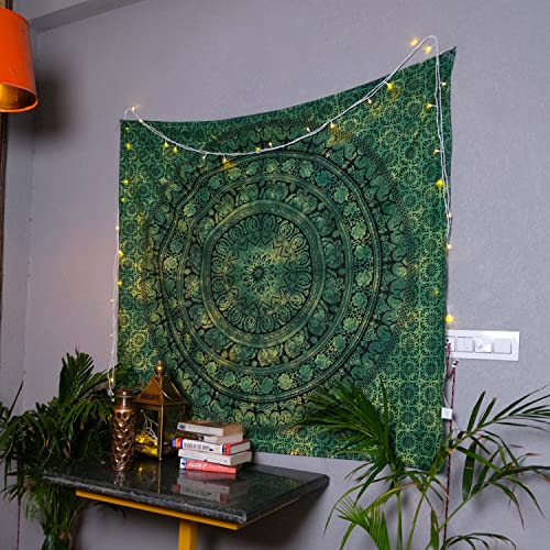 Indian Cotton Mandala Wall Hanging Tapestry - Green Boho Decor, 50x60"