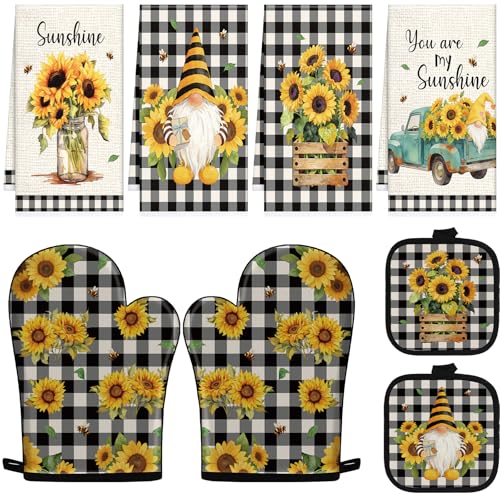 8-Piece Sunflower Kitchen Decor Set: Oven Mitts, Pot Holders & Hand Towels