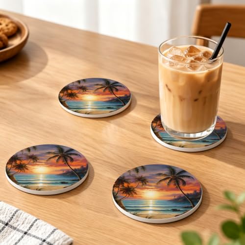 Yeahhhlife Beach Sunset Coaster Set of 4 - Absorbent Ceramic Round Coasters with Cork Backing