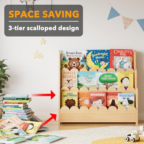 3-Tier Wooden Montessori Bookshelf for Toddlers - Scalloped Kids Bookcase