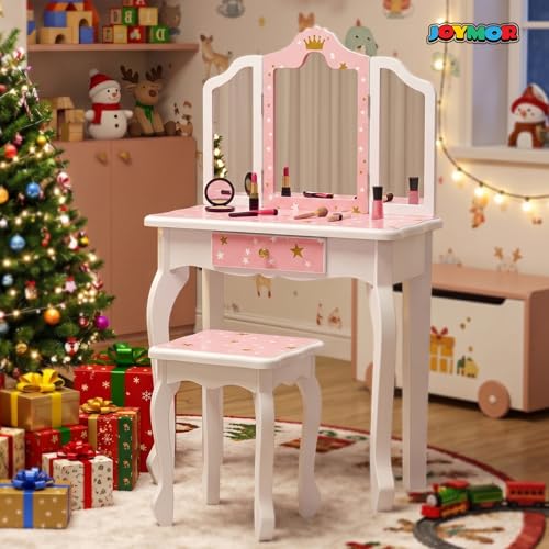 Kids Vanity Table and Chair Set with Folding Mirror and Storage Drawer