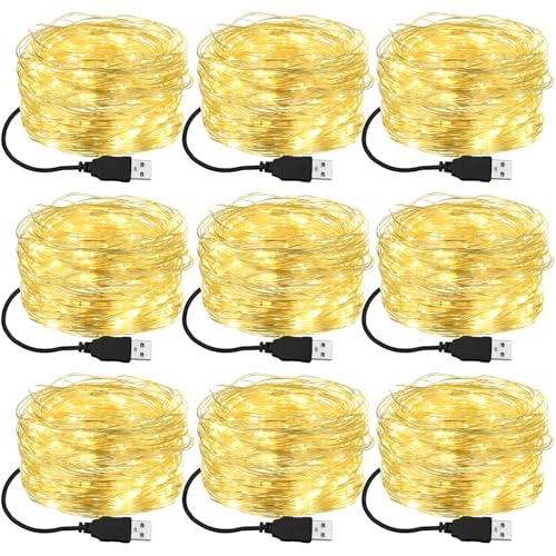 Macarrie 9 Pcs USB Fairy Lights 16 ft Warm White – 50 LED String (Variation: Warm White / 9)