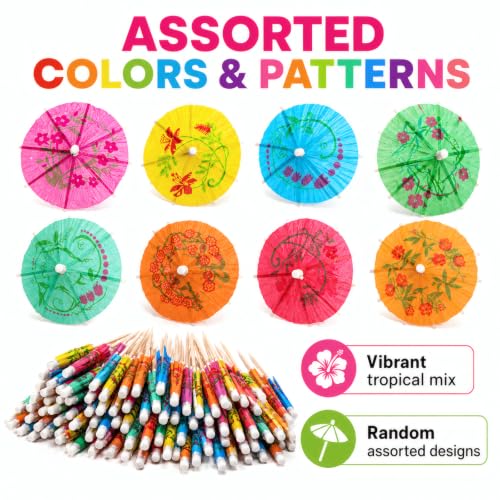 ALINK 144 Pcs Cocktail Umbrellas & Drink Picks - 4-Inch Tiki Luau Party Decorations