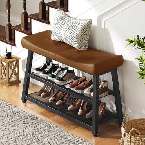 3-Tier Shoe Storage Bench with Padded PU Leather Seat and Metal Frame