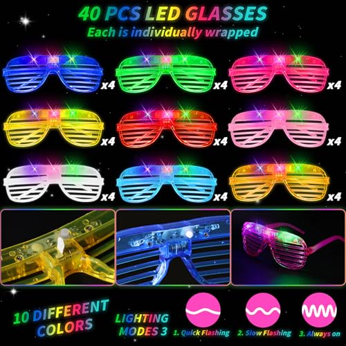 Oleitodh 76 Pcs Glow Light Up Pop Tubes & LED Glasses Party Favors - Shutter LED Glasses & Pop Tube Set