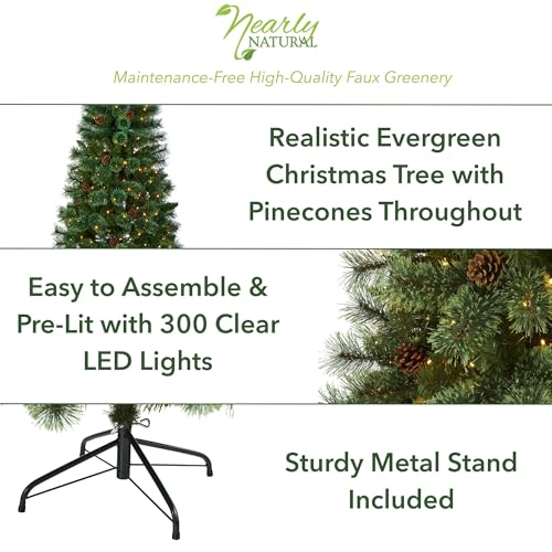 Nearly Natural 6ft Pre-Lit Slim Pine Artificial Christmas Tree - 300 LEDs, Metal Stand
