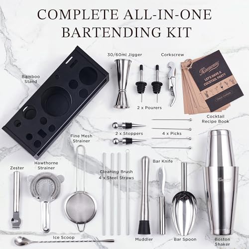 Professional 25-Piece Bartender Kit with Stainless Steel Shaker & Organizer Stand