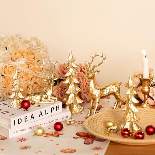 Gleemoria Gold Christmas Reindeer Statue Set with Christmas Trees - Holiday Decor