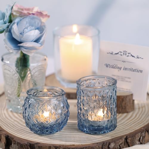 Blue Glass Votive Candle Holders Set of 24 - Textured Design for Weddings & Parties