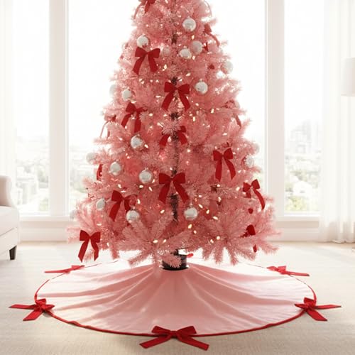 Soulchen 36 Inch Pink Christmas Tree Skirt with Red Velvet Bows